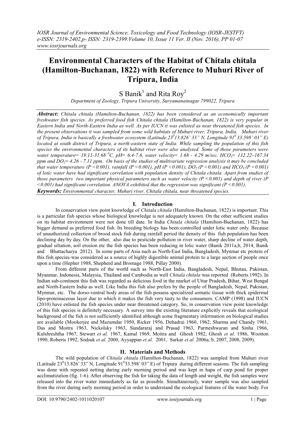 Environmental Characters of the Habitat of Chitala Chitala (Hamilton-Buchanan, 1822) with Reference to Muhuri River of Tripura, India