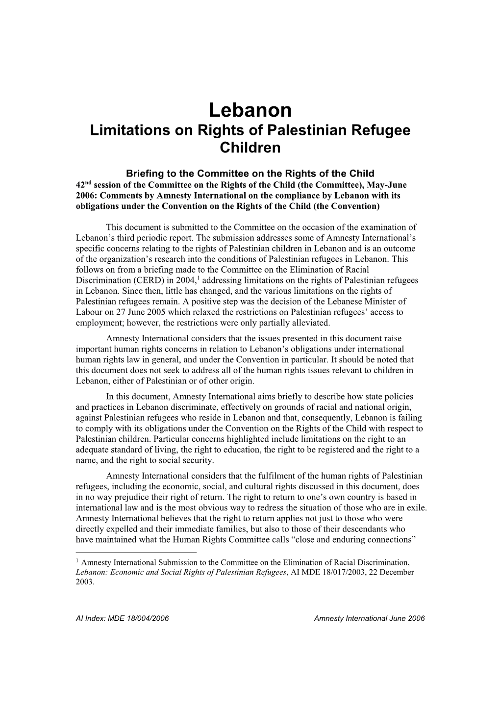 Limitations on Rights of Palestinian Refugee Children