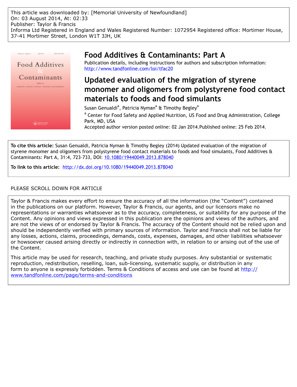 Updated Evaluation of the Migration of Styrene Monomer and Oligomers