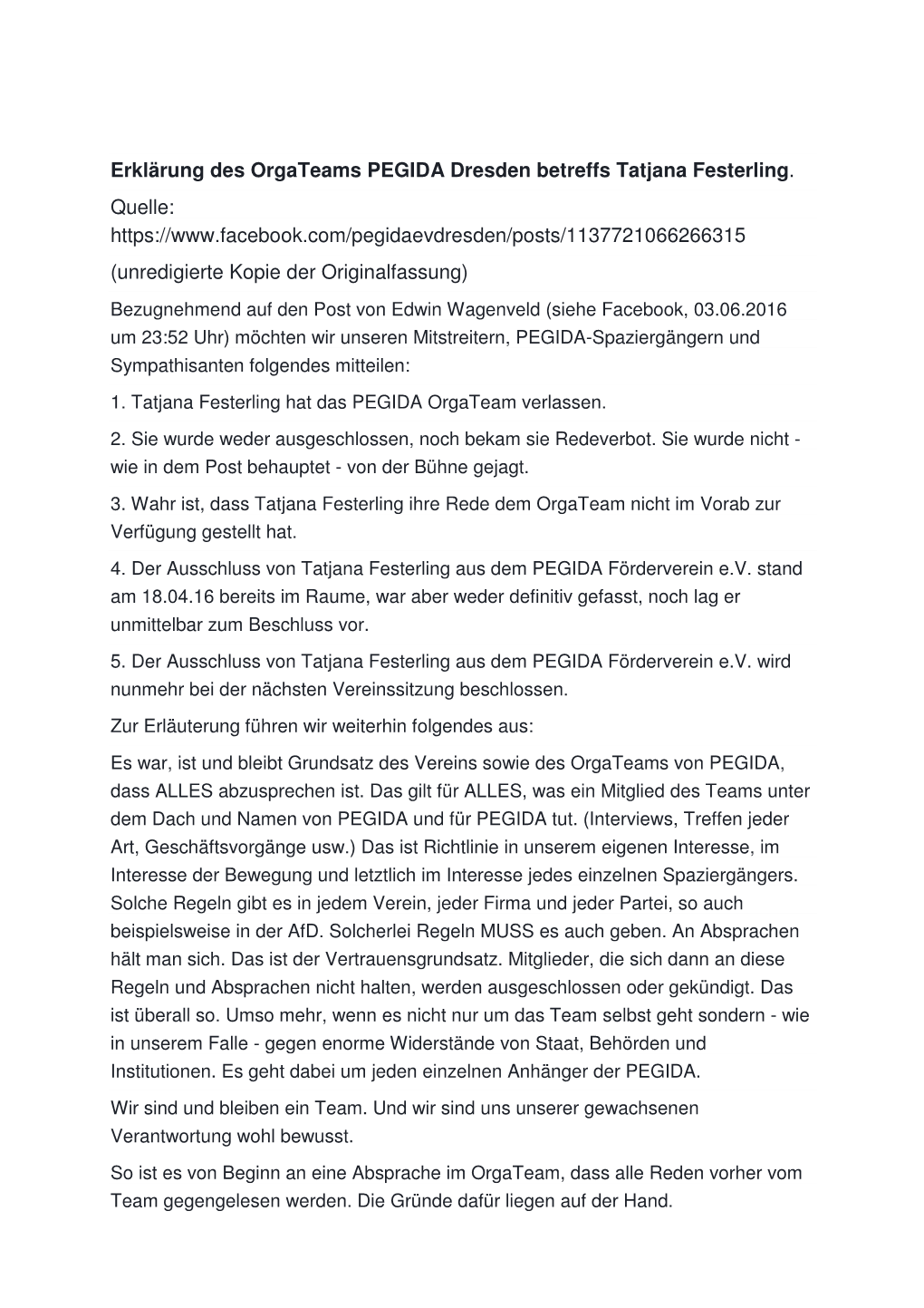 Erklärung Des Orgateams PEGIDA Dresden Betreffs Tatjana Festerling