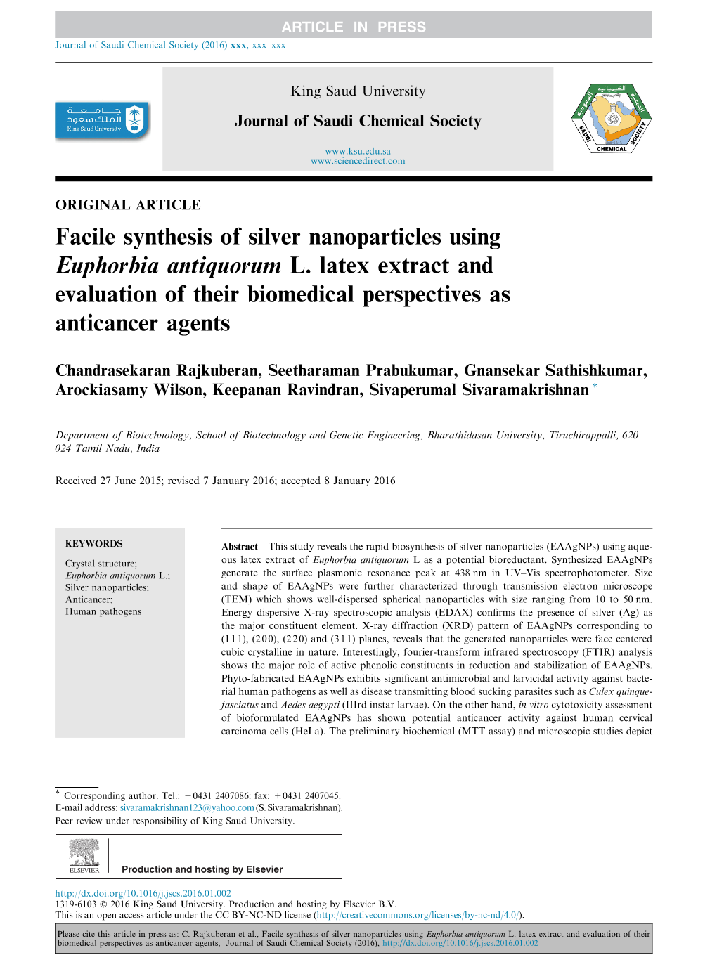 Facile Synthesis of Silver Nanoparticles Using Euphorbia Antiquorum L