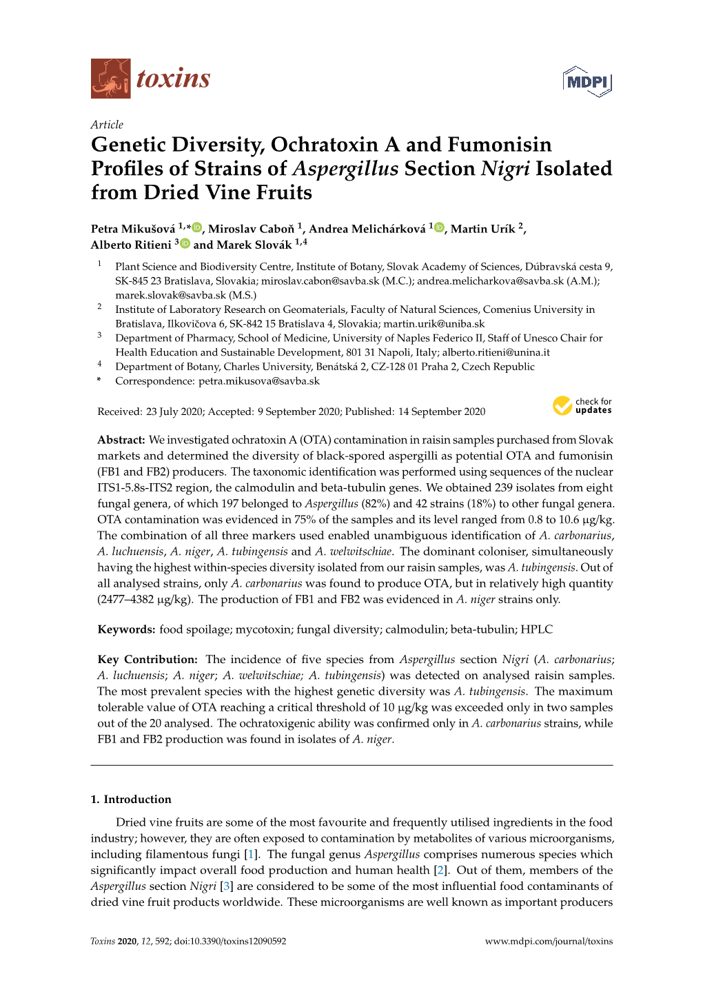 Genetic Diversity, Ochratoxin a and Fumonisin Profiles of Strains of Aspergillus Section Nigri Isolated from Dried Vine Fruits