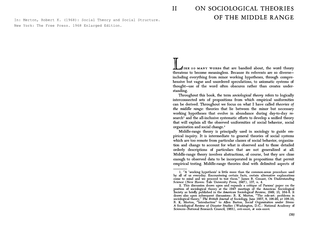 Ii on Sociological Theories of the Middle Range