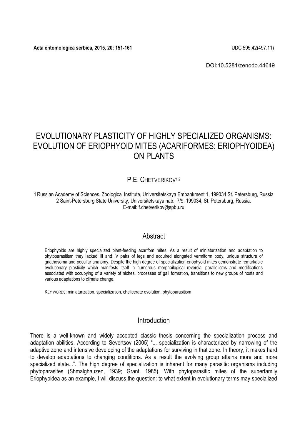 Evolution of Eriophyoid Mites (Acariformes: Eriophyoidea) on Plants