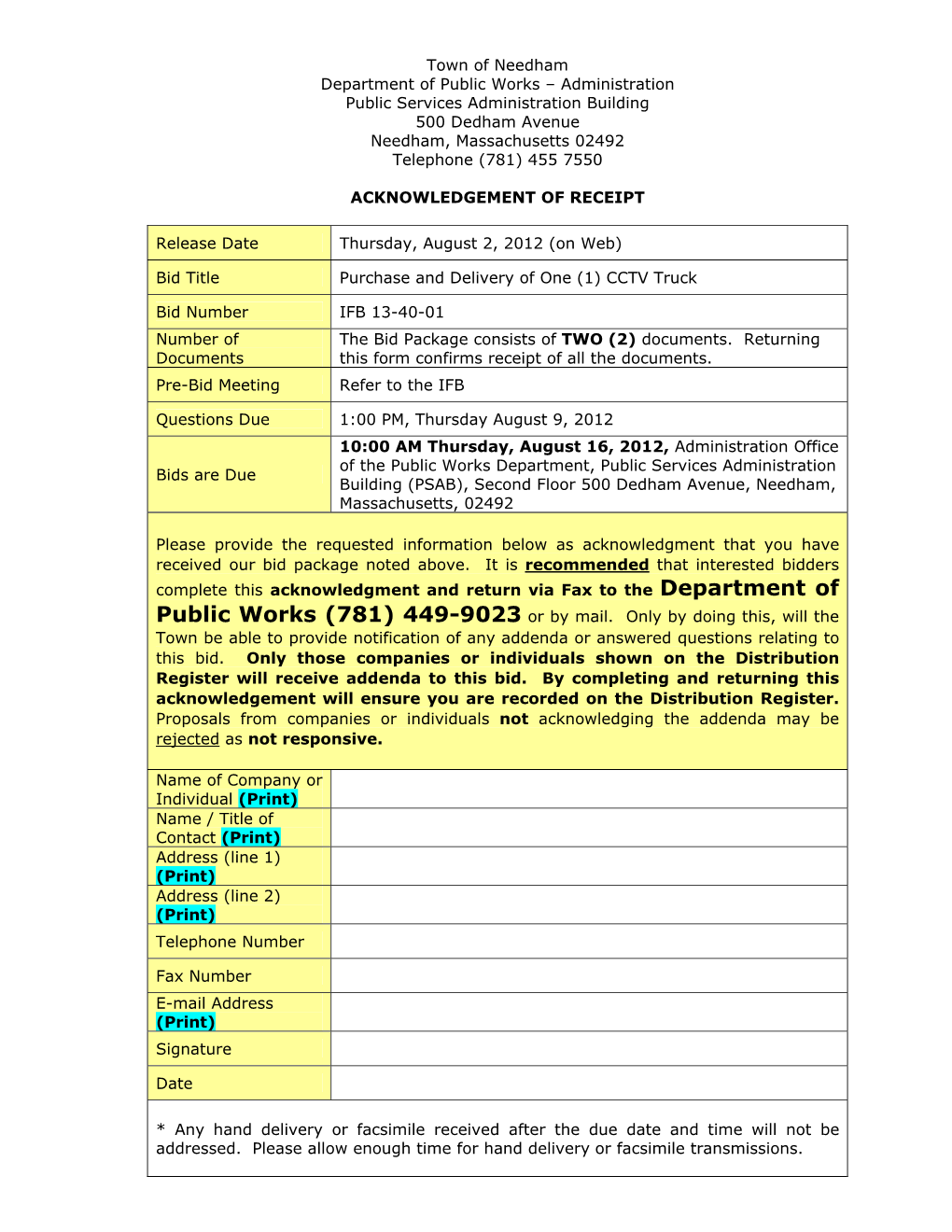 Bid Package Consists of TWO (2) Documents