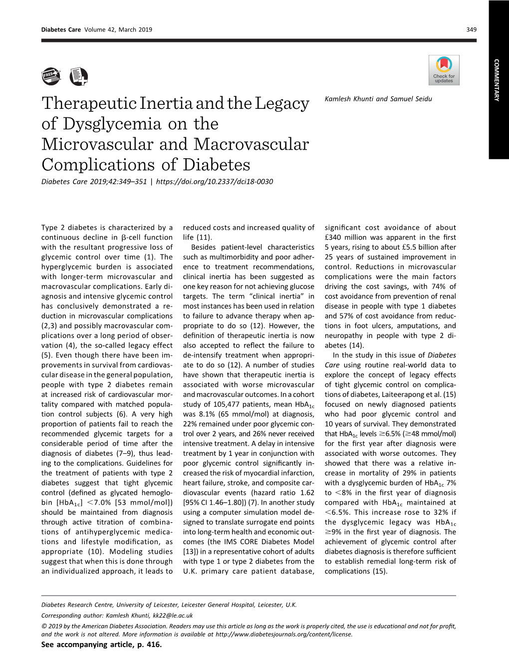 Therapeutic Inertia and the Legacy of Dysglycemia on the Microvascular