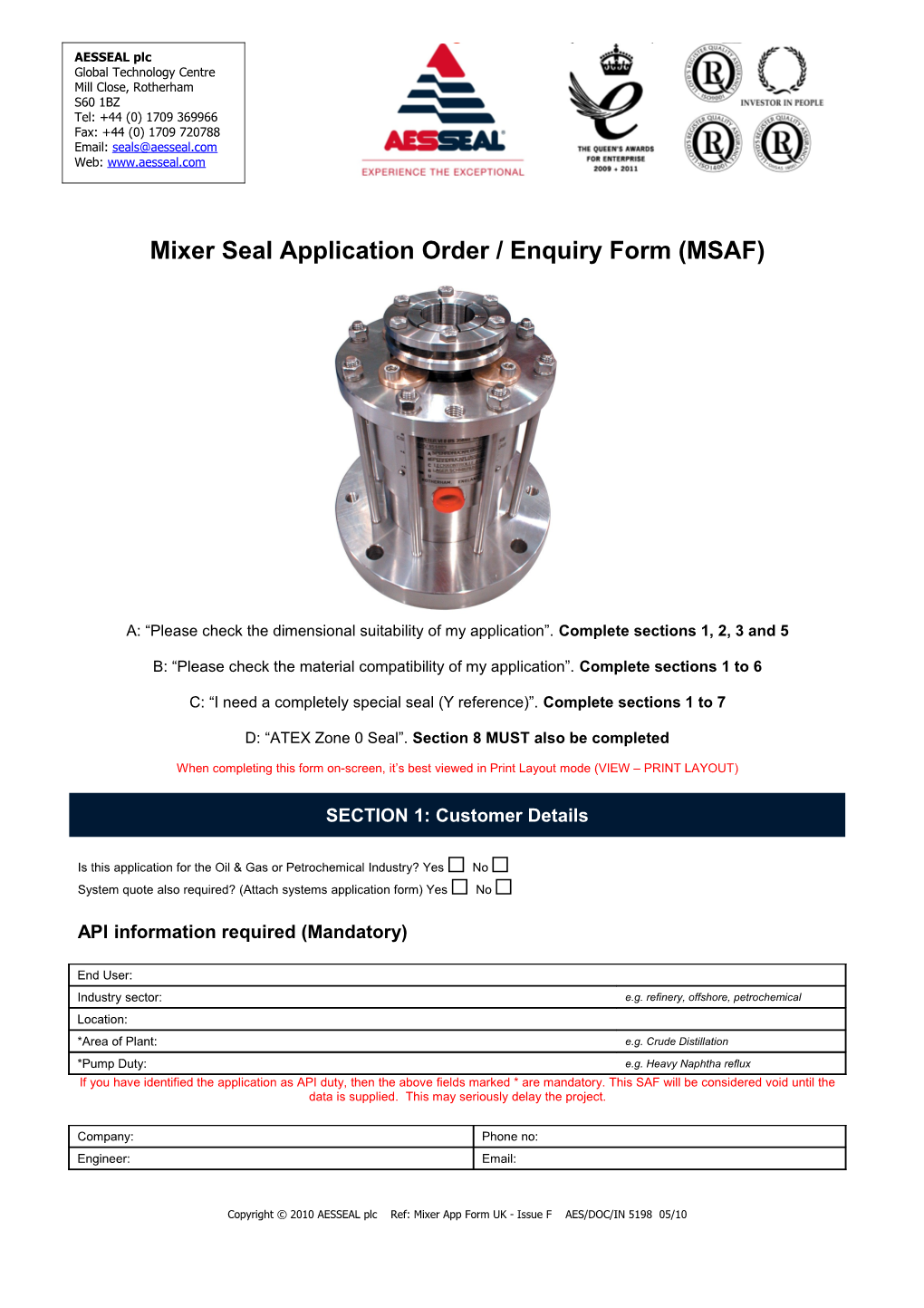 Mixer Seal Application Order / Enquiry Form (MSAF)