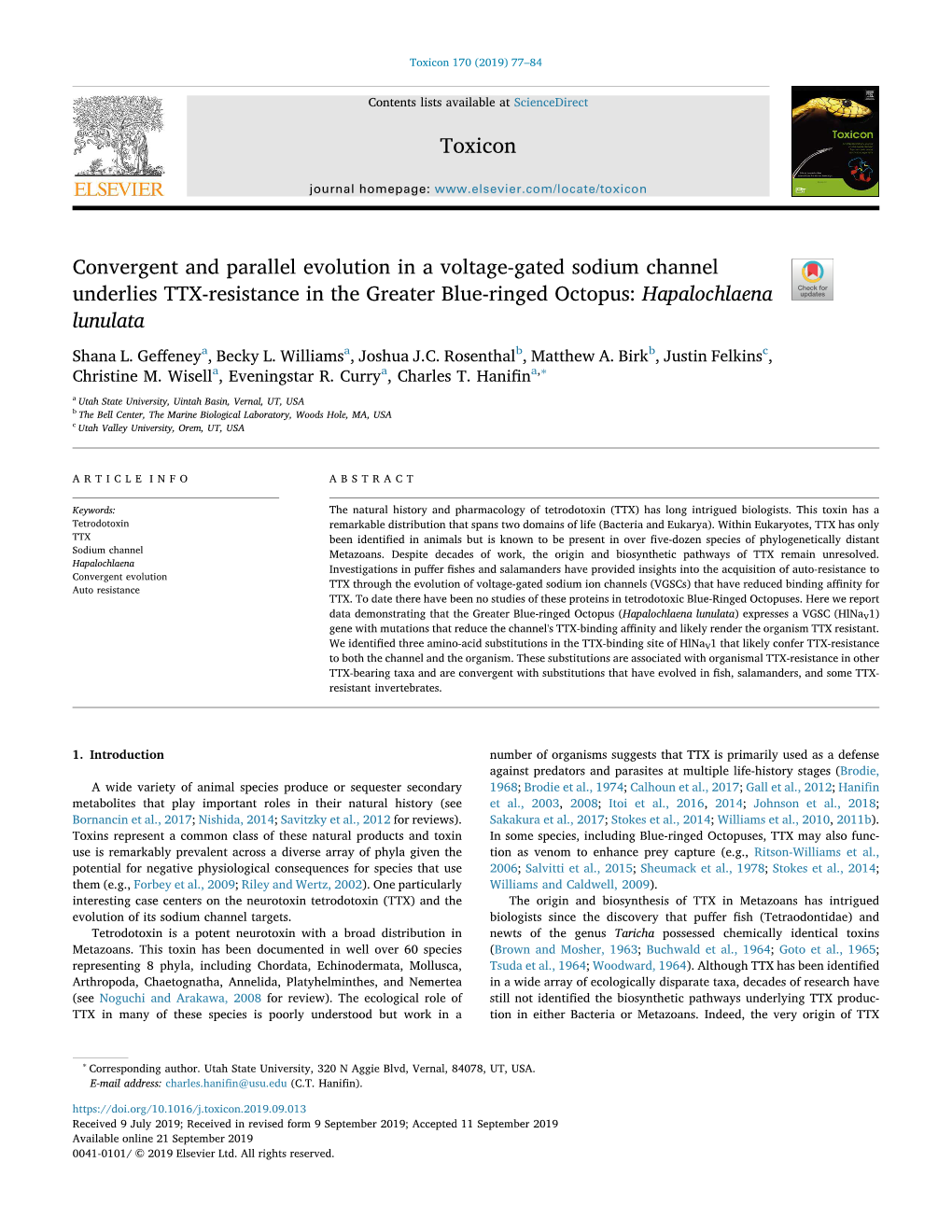 Convergent and Parallel Evolution in a Voltage-Gated Sodium Channel Underlies TTX-Resistance in the Greater Blue-Ringed Octopus: Hapalochlaena Lunulata