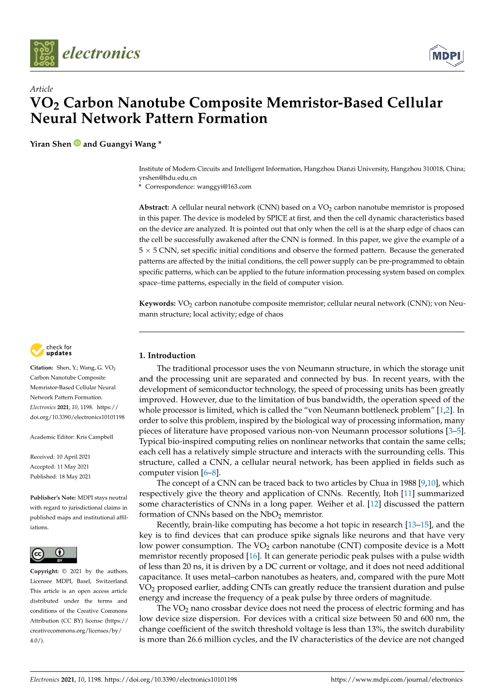 VO2 Carbon Nanotube Composite Memristor-Based Cellular Neural Network Pattern Formation