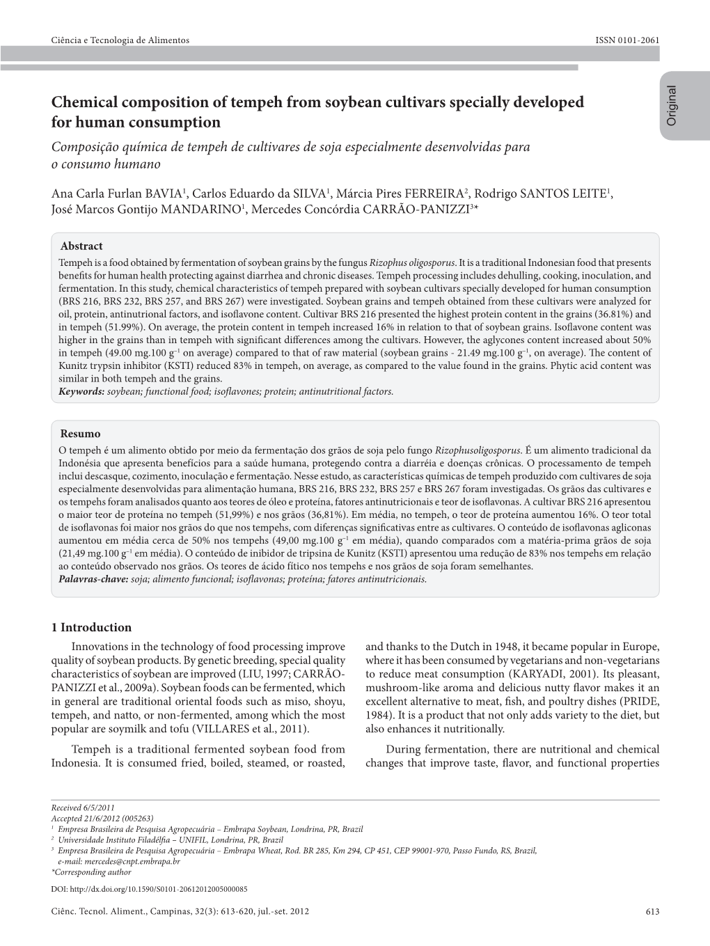 Chemical Composition of Tempeh from Soybean Cultivars Specially