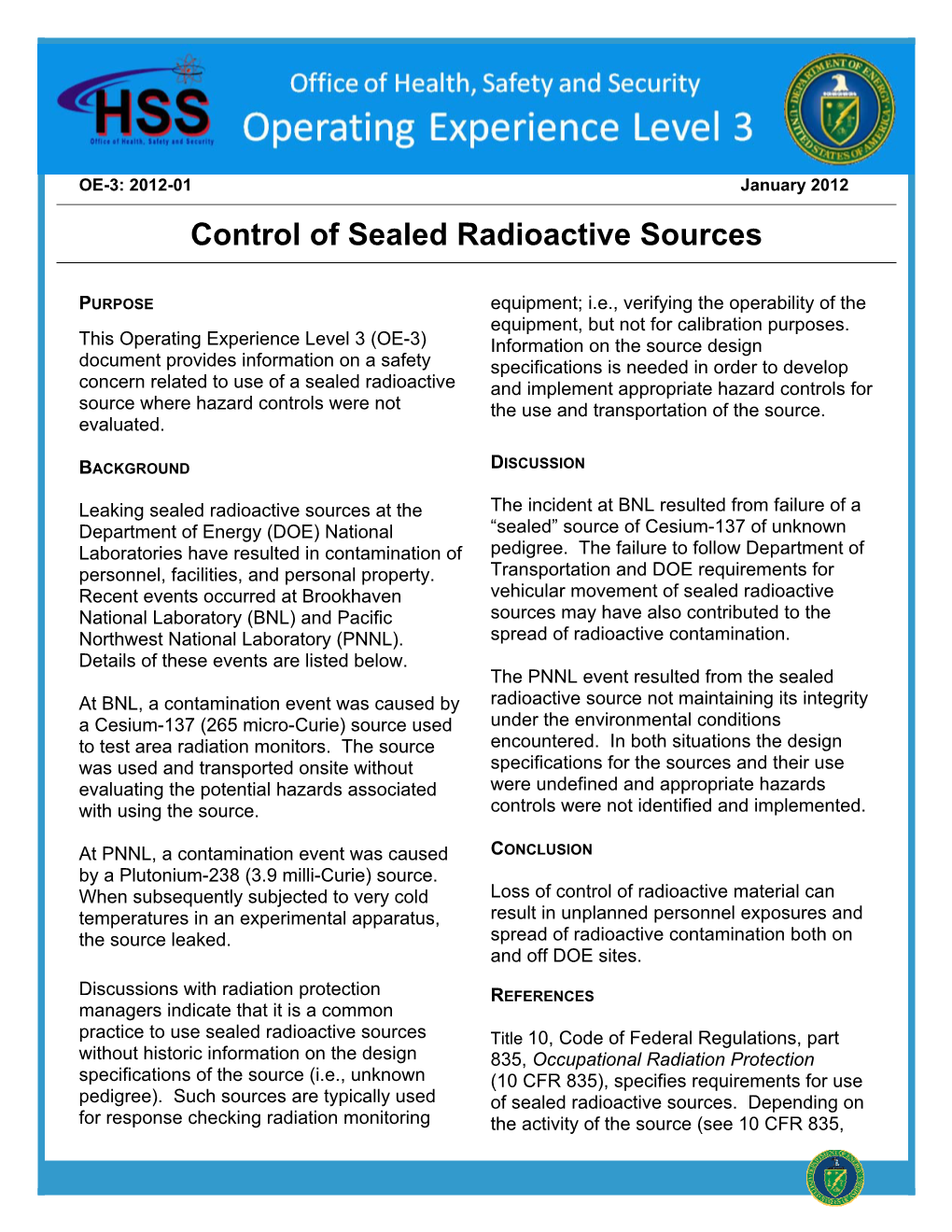 Control of Sealed Radioactive Sources