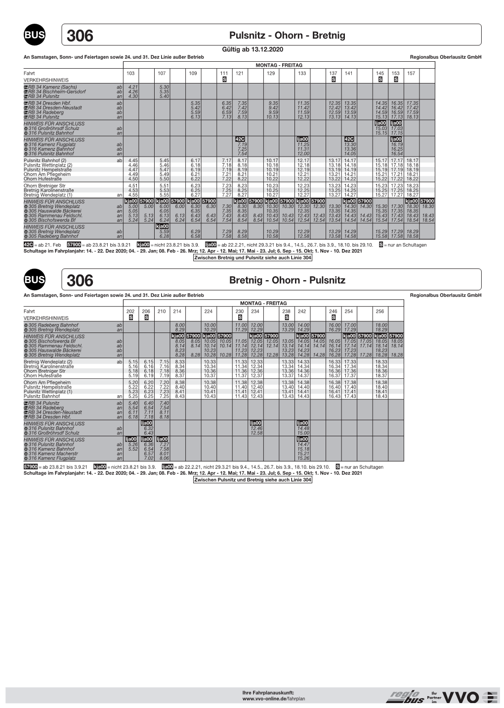 Pulsnitz - Ohorn - Bretnig Gültig Ab 13.12.2020 an Samstagen, Sonn- Und Feiertagen Sowie 24