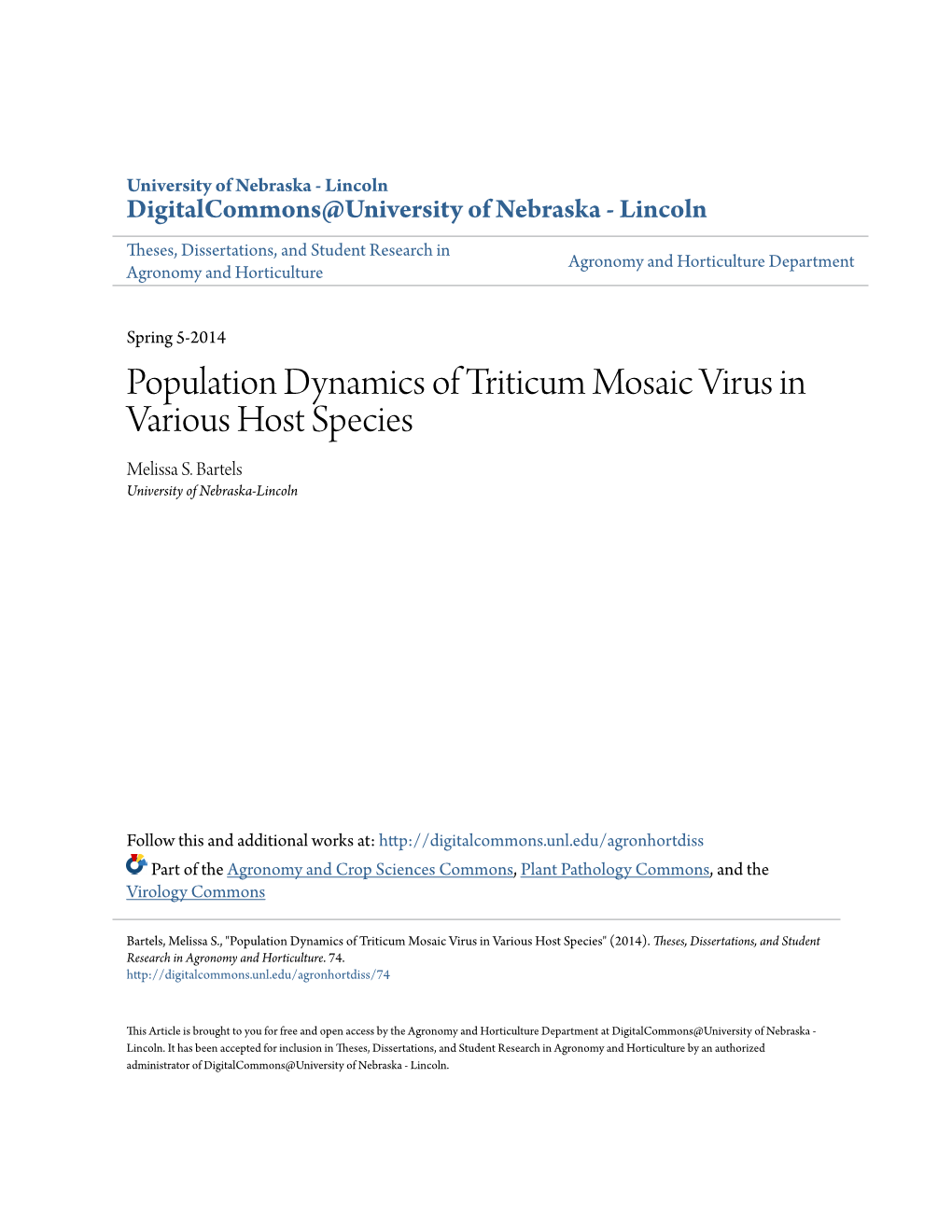 Population Dynamics of Triticum Mosaic Virus in Various Host Species Melissa S