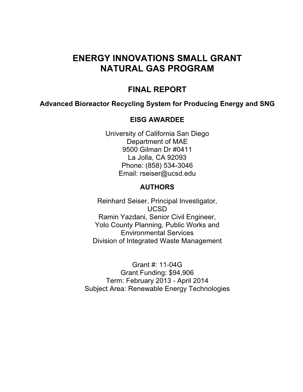 Energy Innovations Small Grant Natural Gas Program