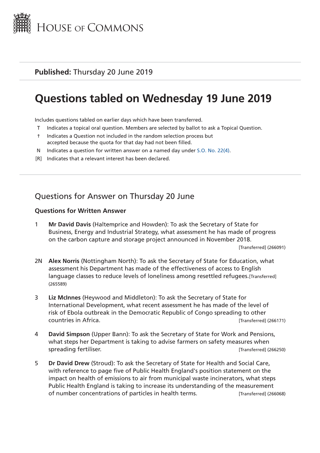 Questions Tabled on Wed 19 Jun 2019