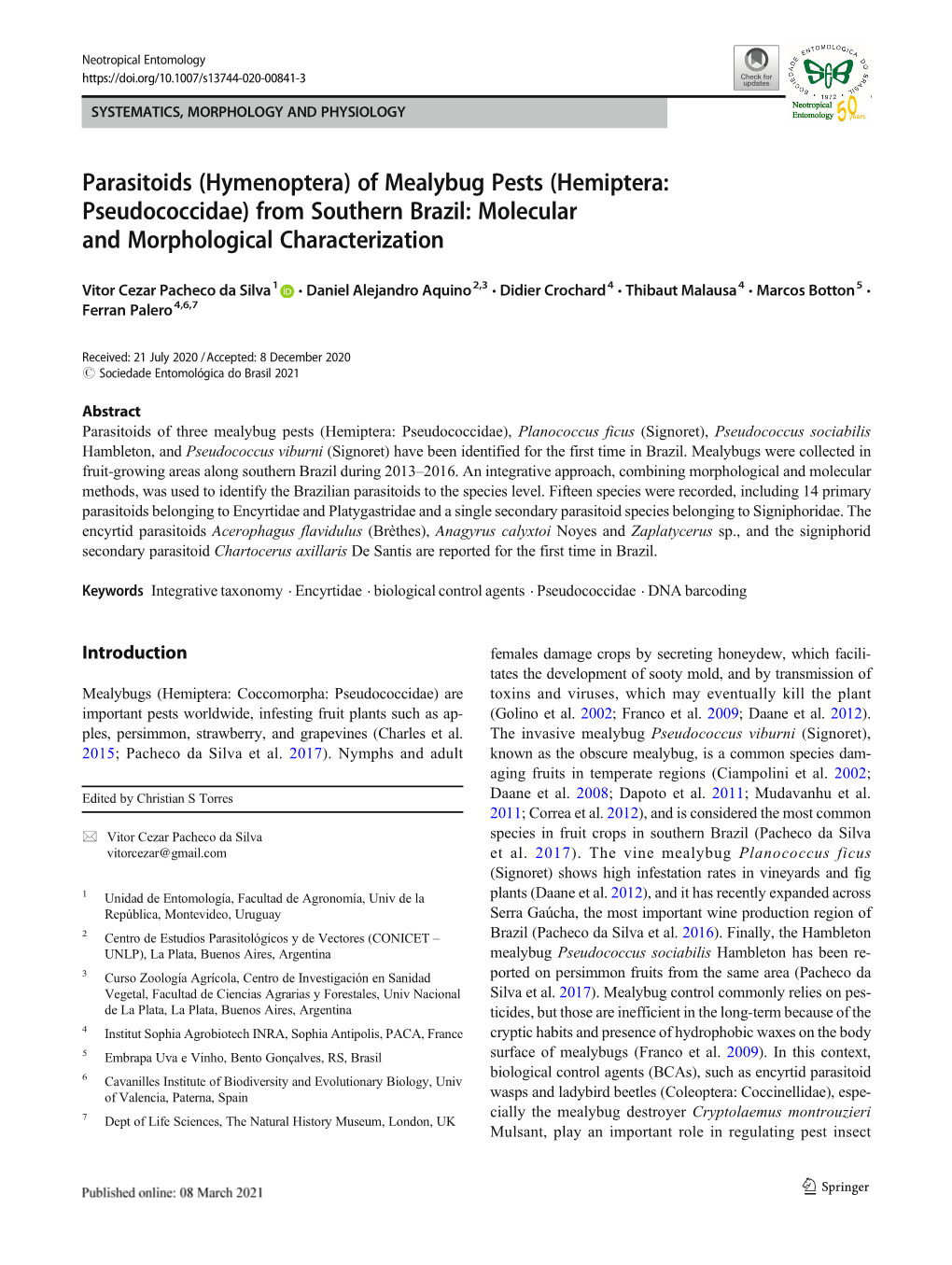 Parasitoids (Hymenoptera) of Mealybug Pests (Hemiptera: Pseudococcidae) from Southern Brazil: Molecular and Morphological Characterization