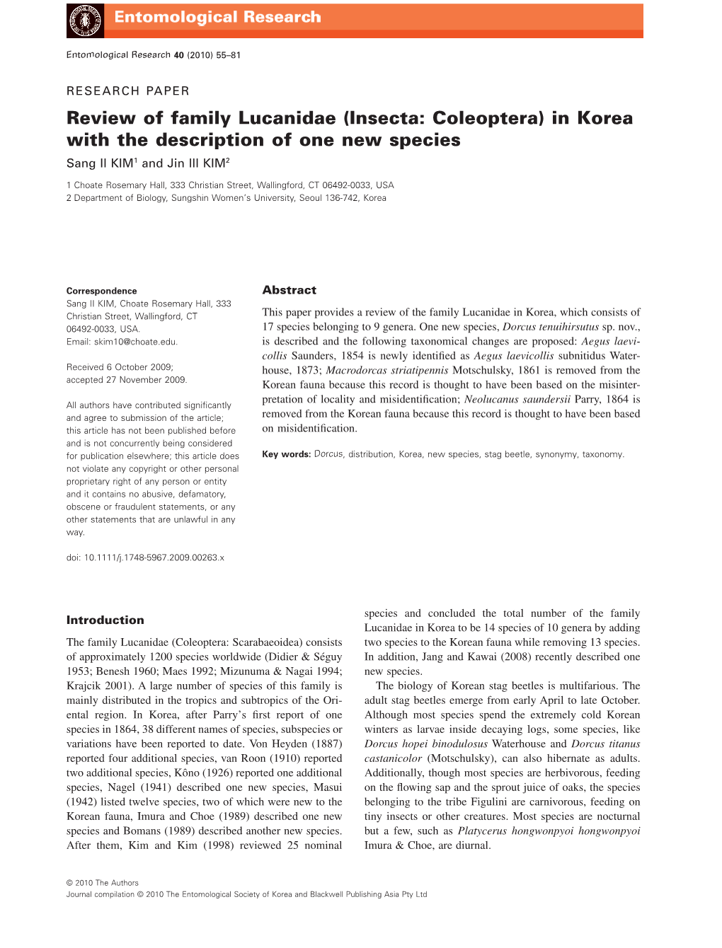 Review of Family Lucanidae (Insecta: Coleoptera) in Korea with the Description of One New Species Sang Il KIM1 and Jin Ill KIM2