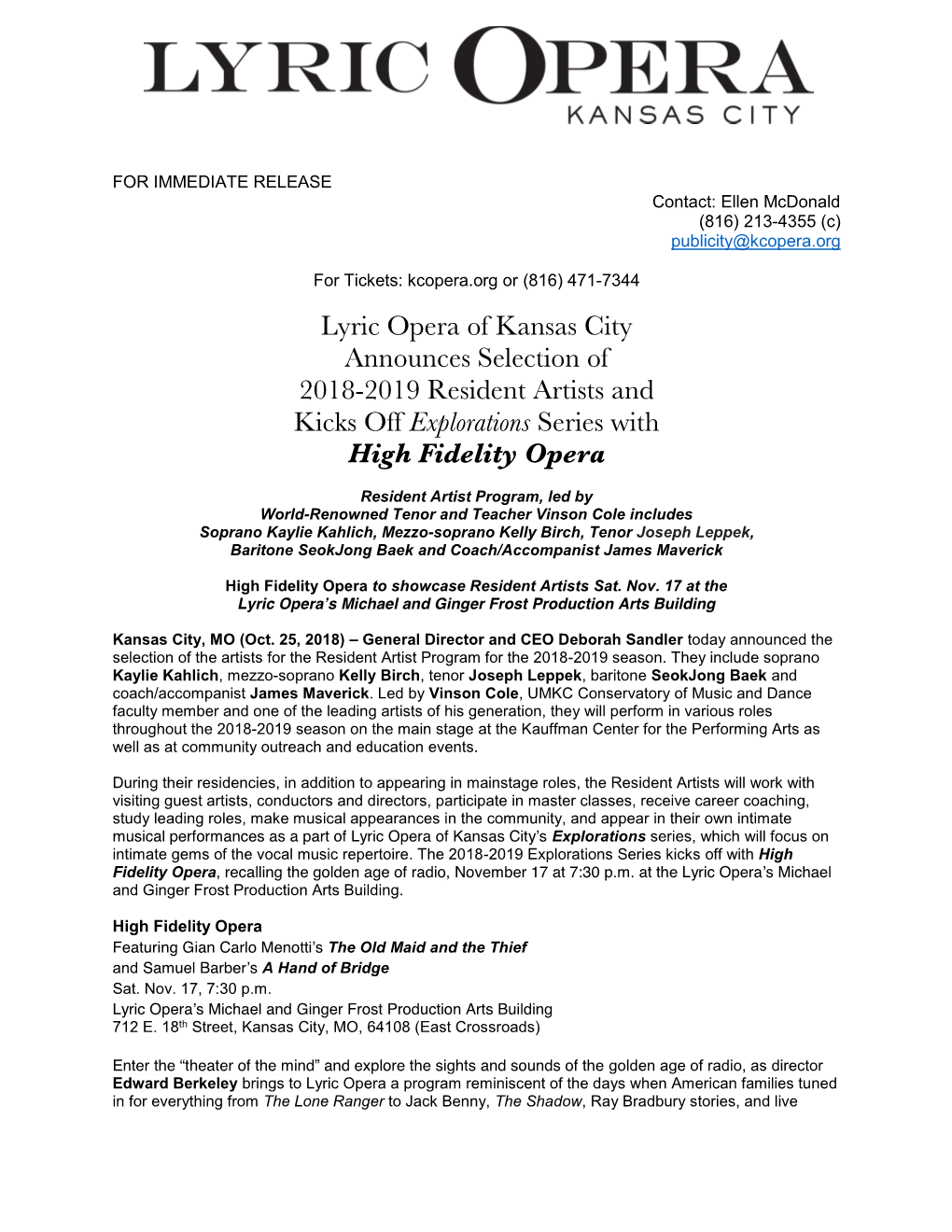 Lyric Opera of Kansas City Announces Selection of 2018-2019 Resident Artists and Kicks Off Explorations Series with High Fidelity Opera