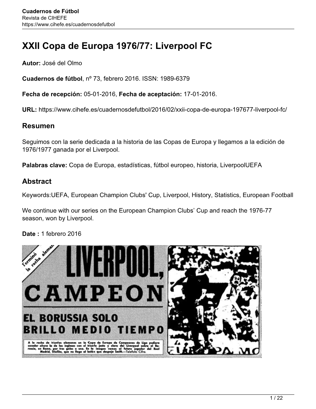 XXII Copa De Europa 1976/77: Liverpool FC