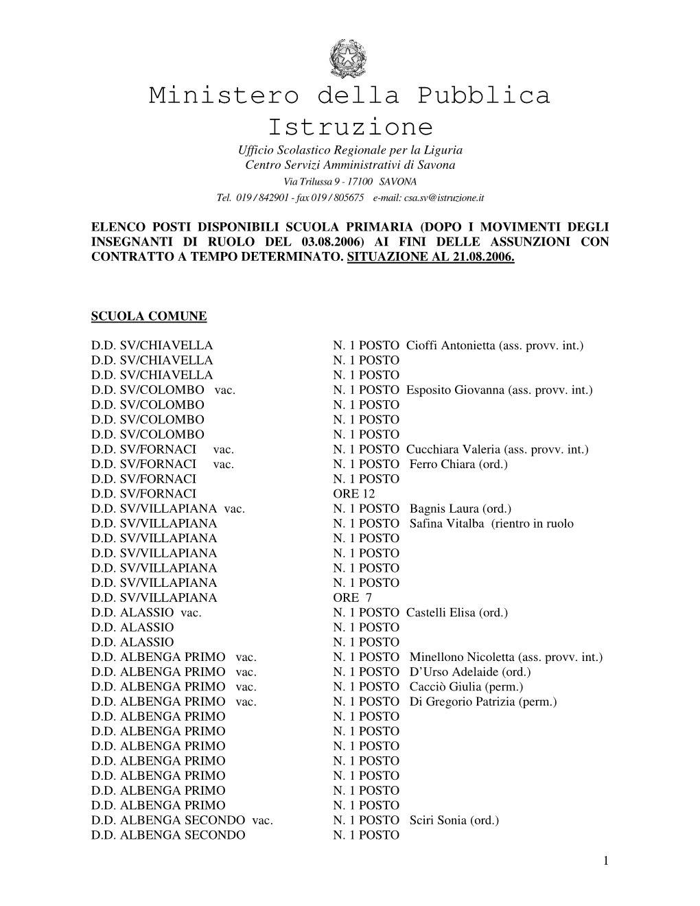 Ministero Della Pubblica Istruzione Ufficio Scolastico Regionale Per La Liguria Centro Servizi Amministrativi Di Savona Via Trilussa 9 - 17100 SAVONA Tel