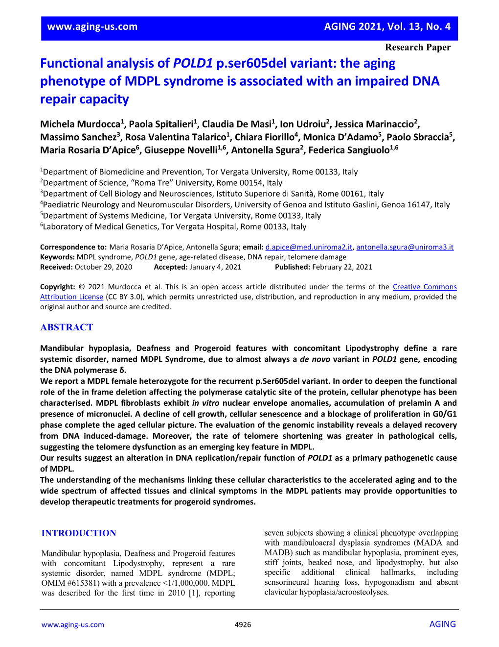 Functional Analysis of POLD1 P.Ser605del Variant: the Aging Phenotype of MDPL Syndrome Is Associated with an Impaired DNA Repair Capacity