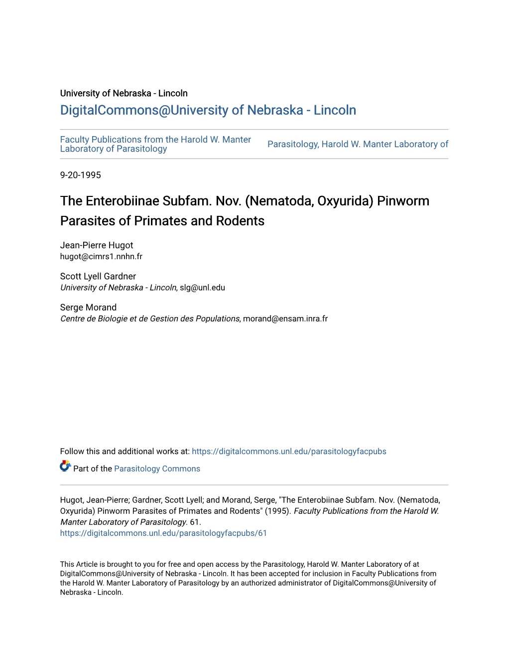 (Nematoda, Oxyurida) Pinworm Parasites of Primates and Rodents