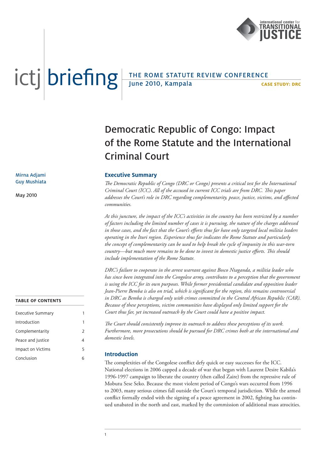 Ictj Briefing June 2010, Kampala Case Study: Drc