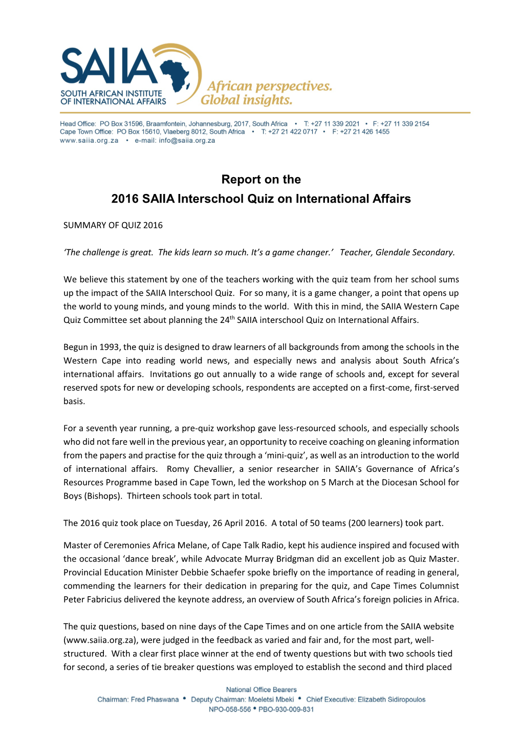 Report on the 2016 SAIIA Interschool Quiz on International Affairs