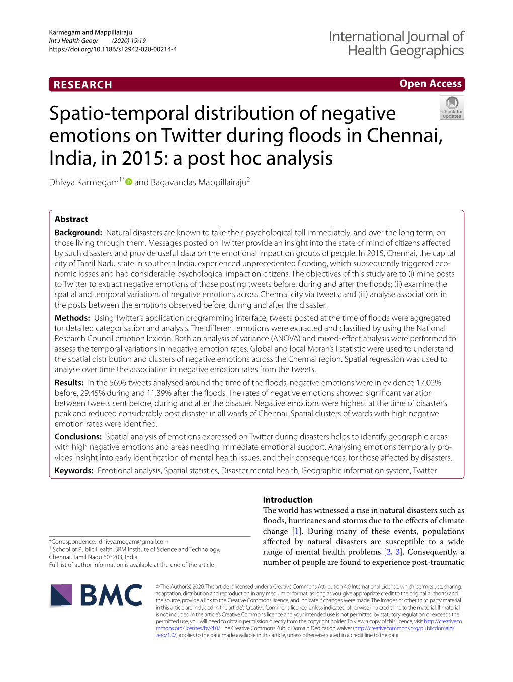 Spatio-Temporal Distribution of Negative Emotions on Twitter During Floods in Chennai, India, in 2015