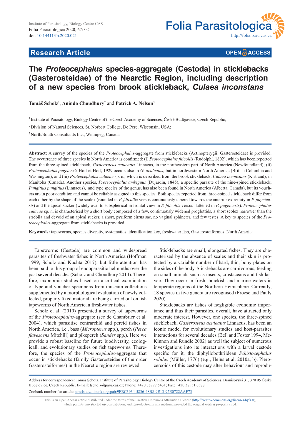 (Cestoda) in Sticklebacks (Gasterosteidae) of the Nearctic Region, Including Description of a New Species from Brook Stickleback, Culaea Inconstans