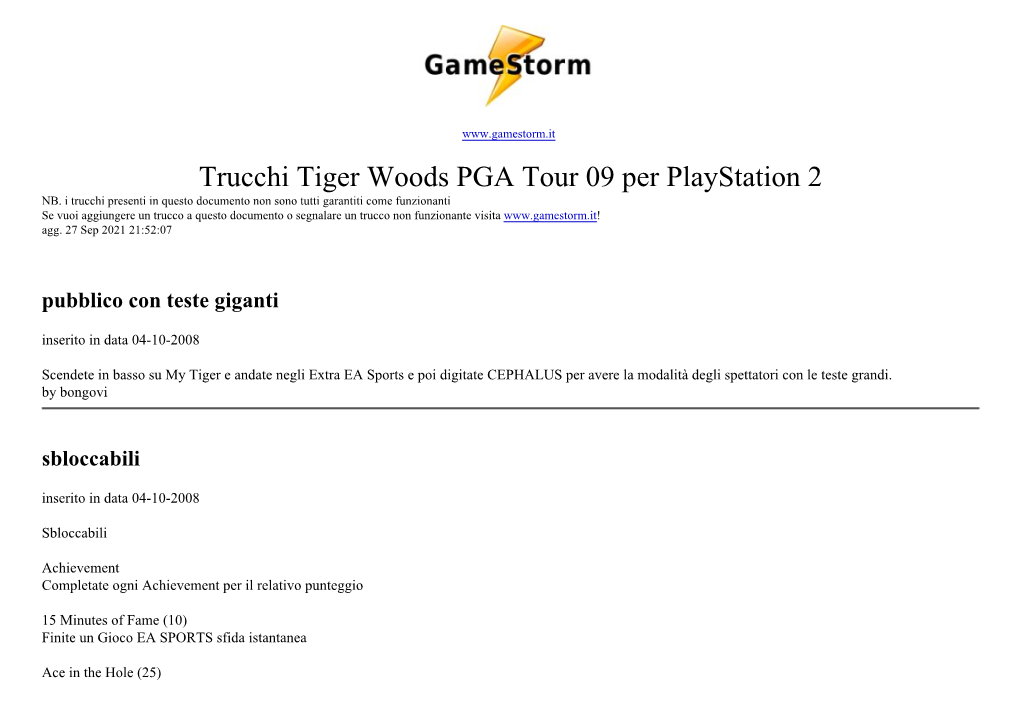 Tutti I Trucchi E Codici Di Tiger Woods PGA Tour 09 Per Playstation 2