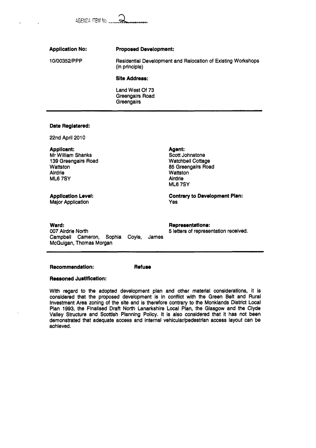 Application No: Proposed Development: 10/00352/PPP Residential Development and Relocation of Existing Workshops (In Principle) S