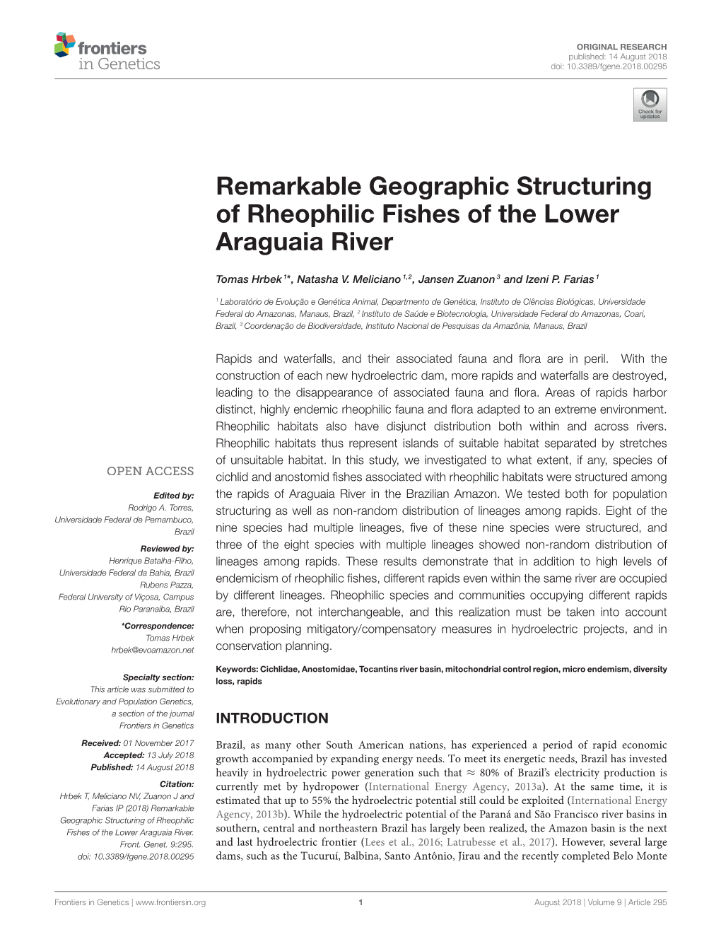 Remarkable Geographic Structuring of Rheophilic Fishes of the Lower Araguaia River