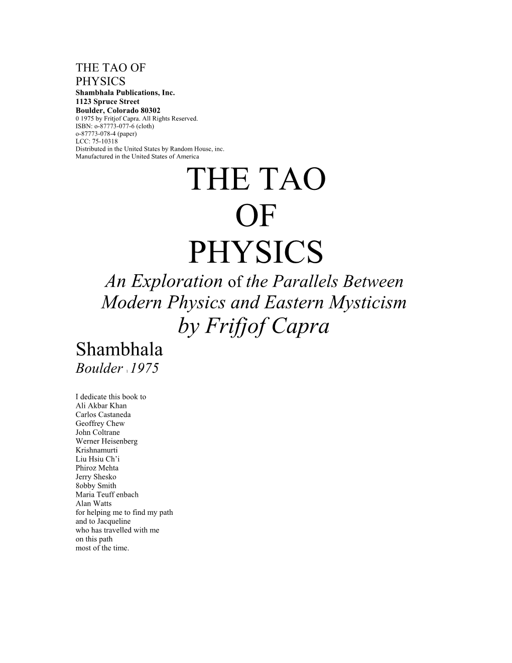 THE TAO of PHYSICS Shambhala Publications, Inc