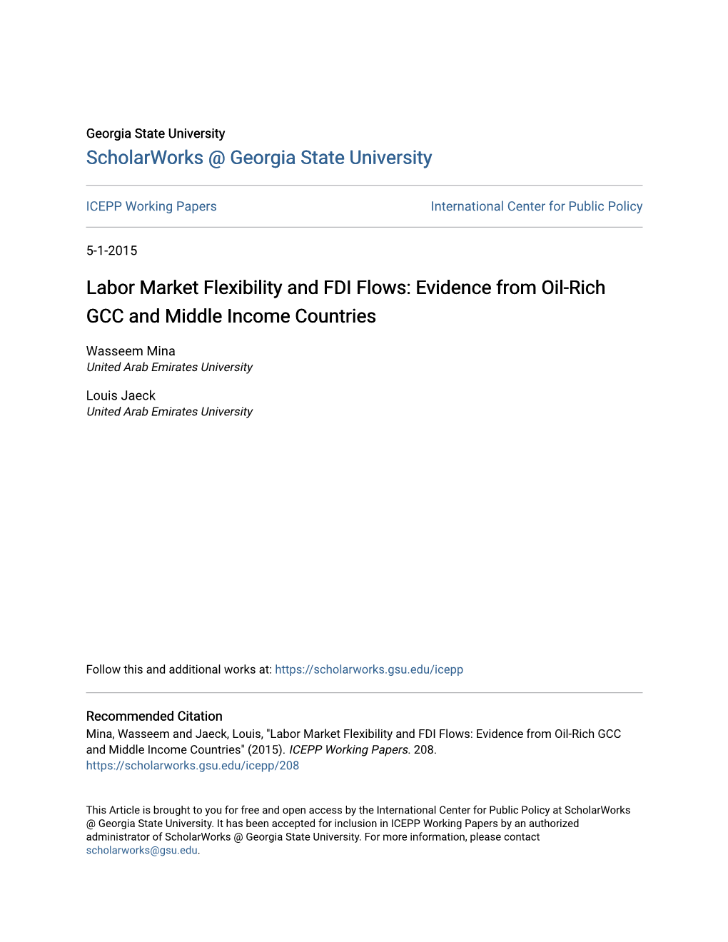 Labor Market Flexibility and FDI Flows: Evidence from Oil-Rich GCC and Middle Income Countries