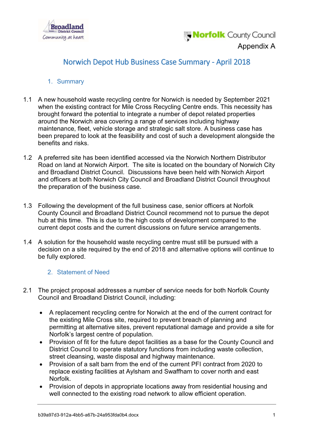 Norwich Depot Hub Business Case Summary - April 2018