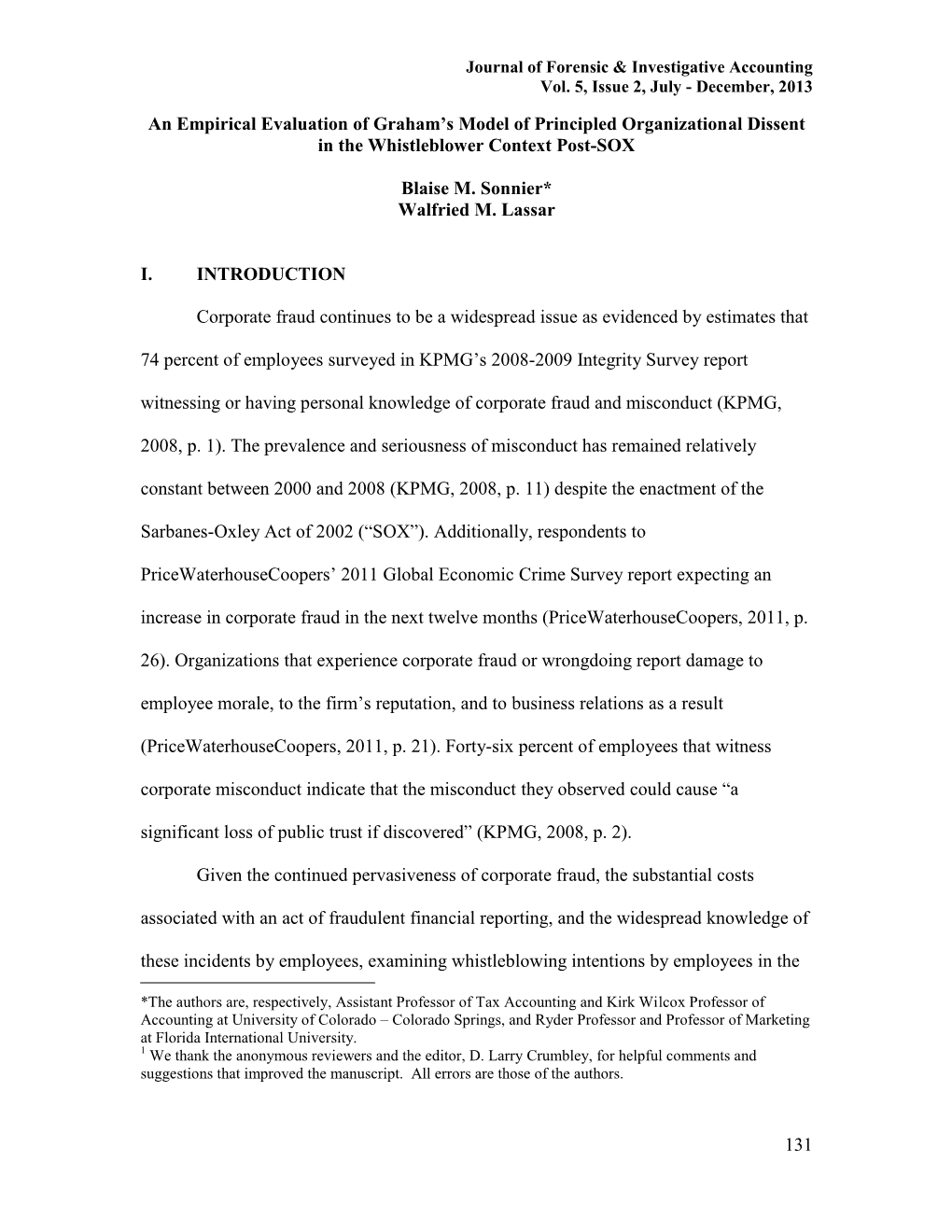 131 an Empirical Evaluation of Graham's Model of Principled Organizational Dissent in the Whistleblower Context Post-SOX Blais