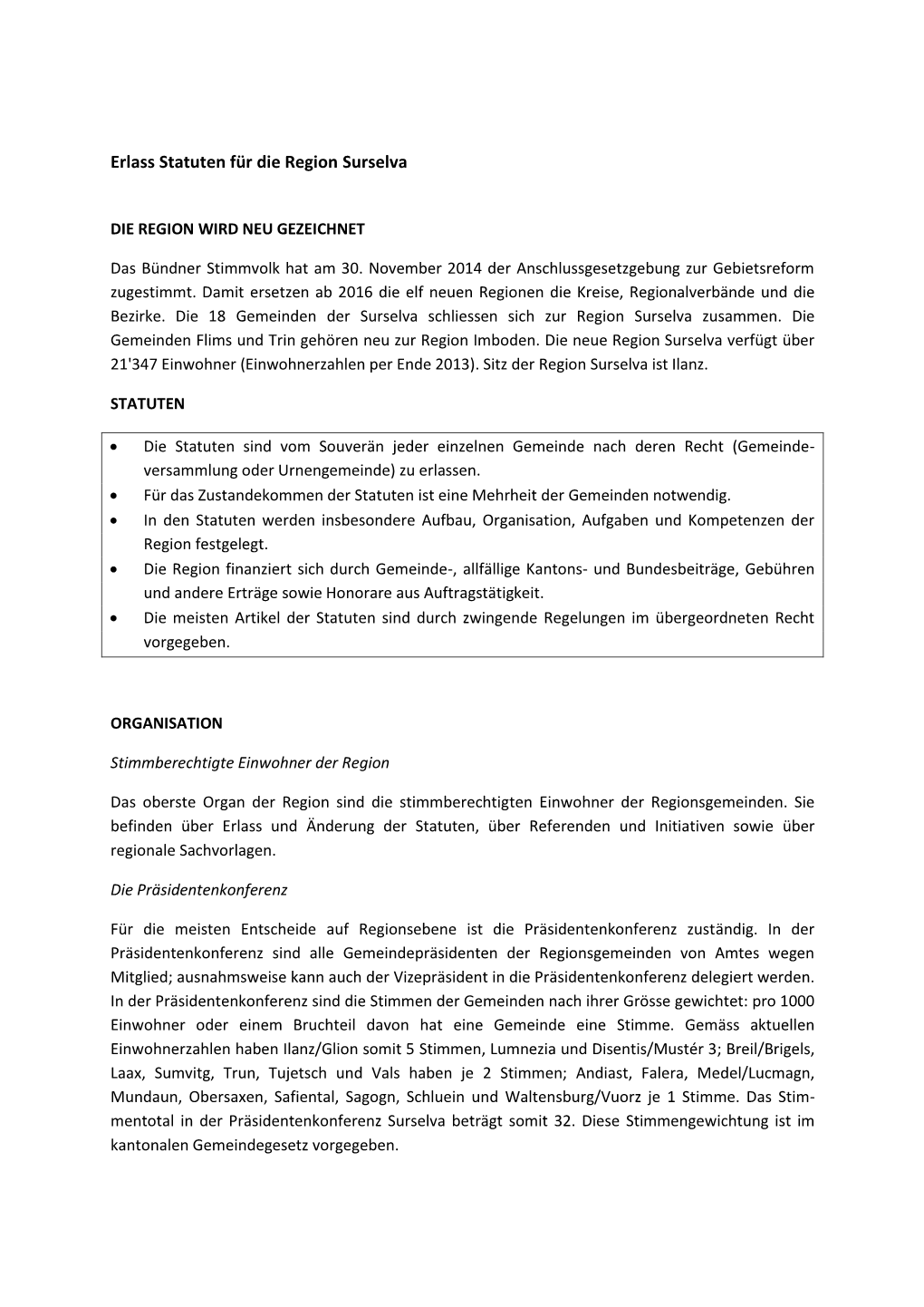 Erlass Statuten Für Die Region Surselva