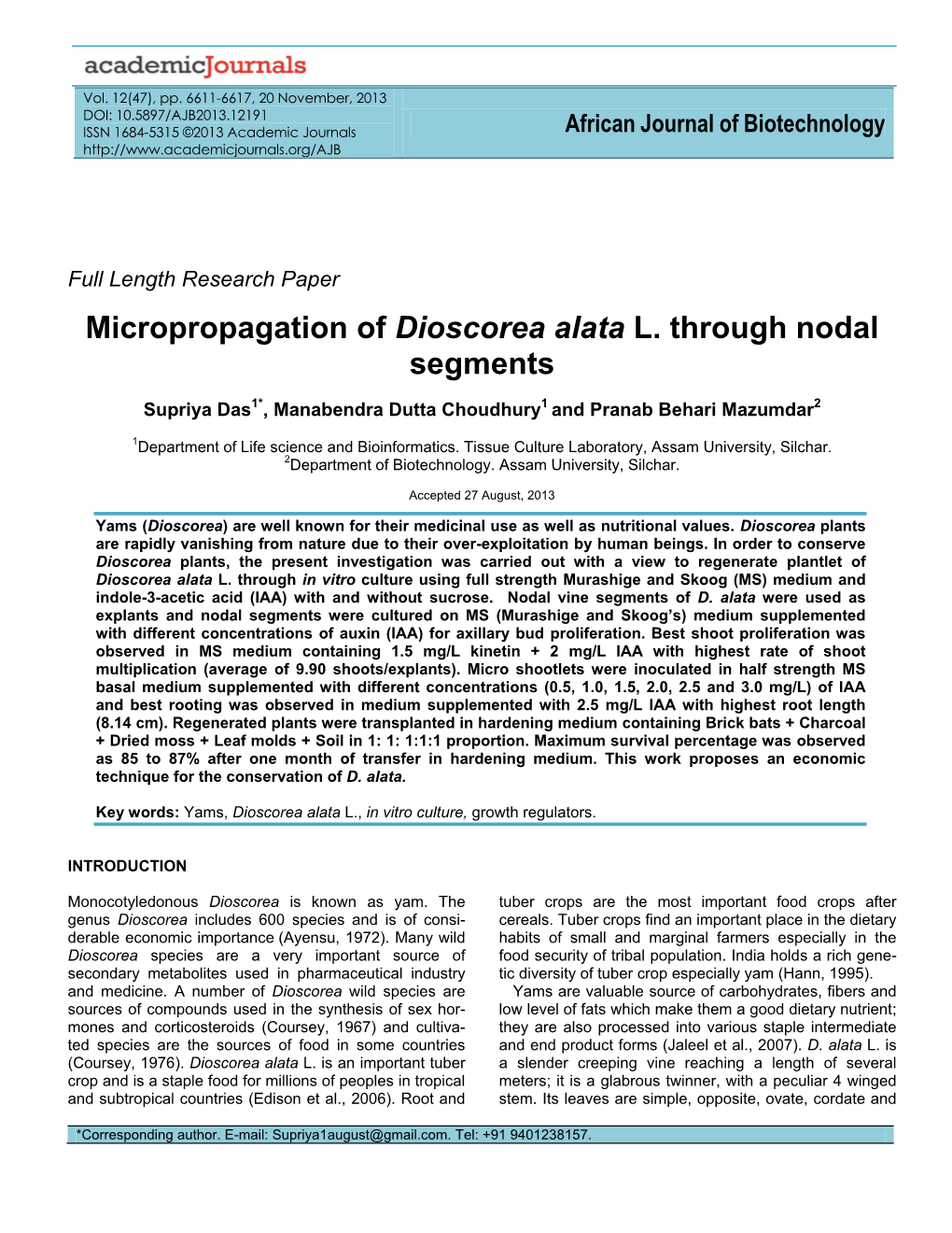 Micropropagation of Dioscorea Alata L. Through Nodal Segments