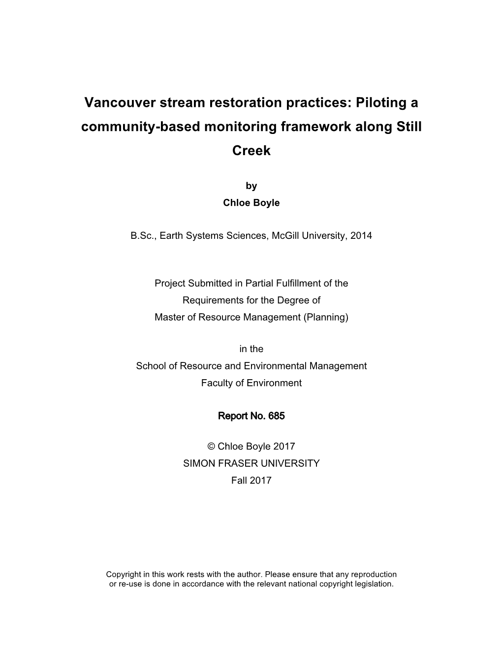 Vancouver Stream Restoration Practices: Piloting a Community-Based Monitoring Framework Along Still Creek