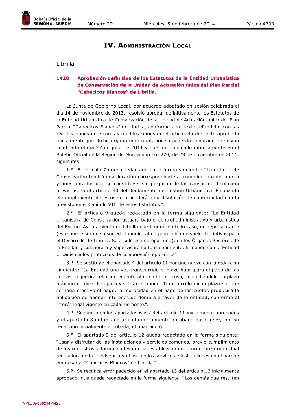 Publicación Número 1420 Del BORM Número 29 De 05/02/2014