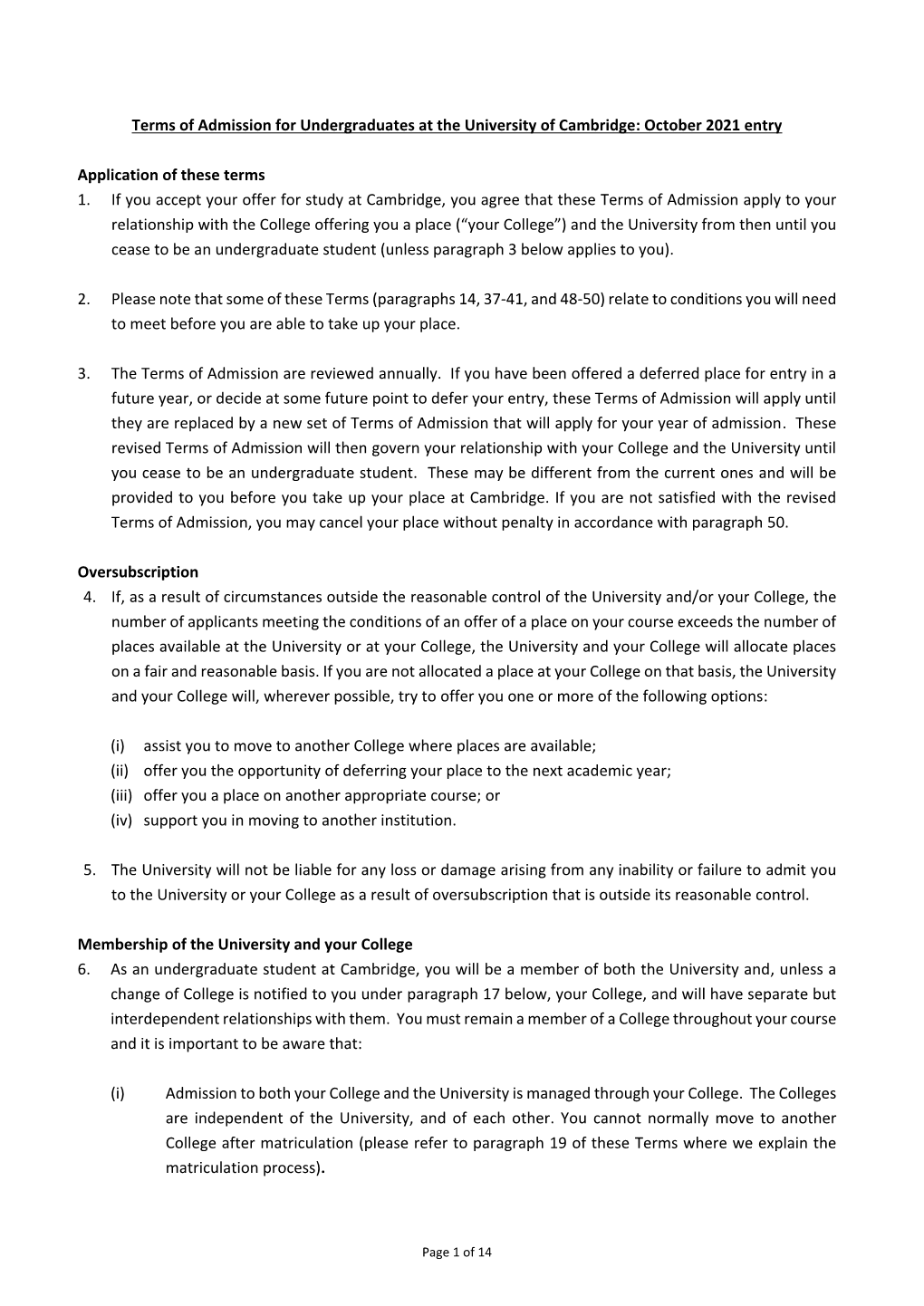 Terms of Admission for Undergraduates at the University of Cambridge: October 2021 Entry