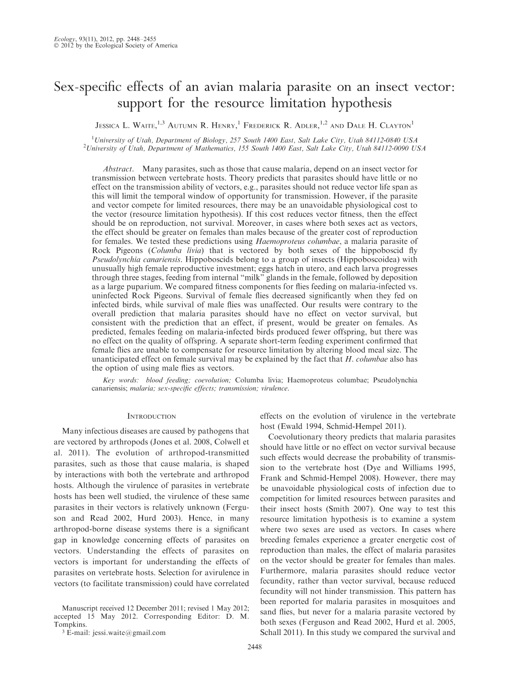 Sex-Specific Effects of an Avian Malaria Parasite on an Insect Vector