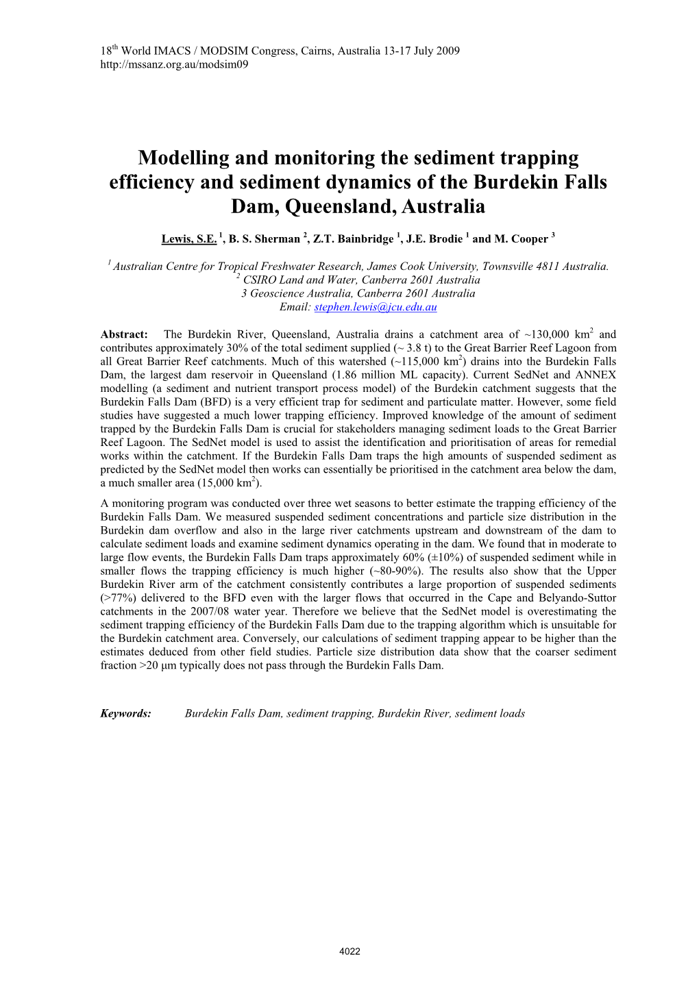 Modelling and Monitoring the Sediment Trapping Efficiency and Sediment Dynamics of the Burdekin Falls Dam, Queensland, Australia