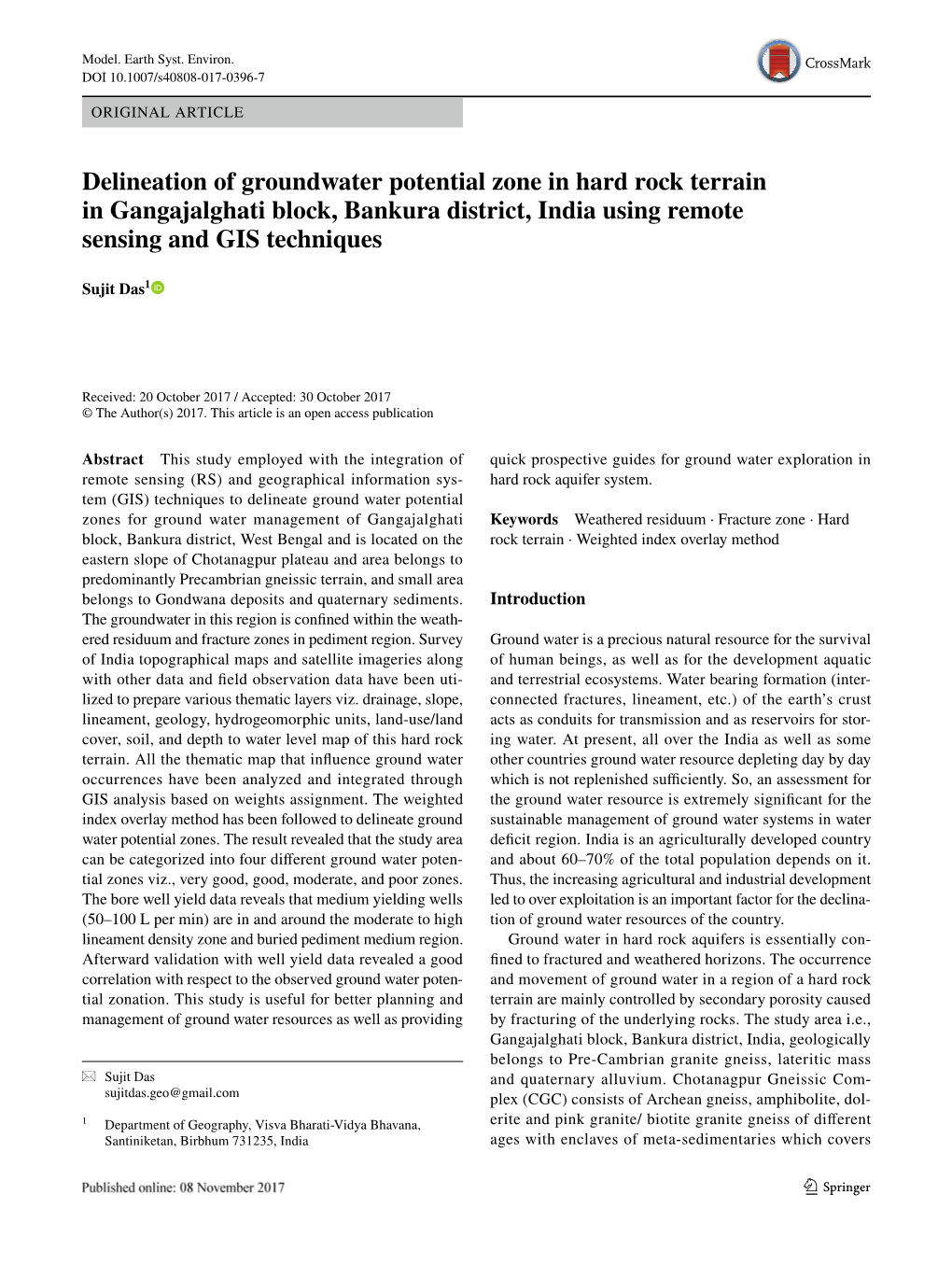 Delineation of Groundwater Potential Zone in Hard Rock Terrain in Gangajalghati Block, Bankura District, India Using Remote Sensing and GIS Techniques