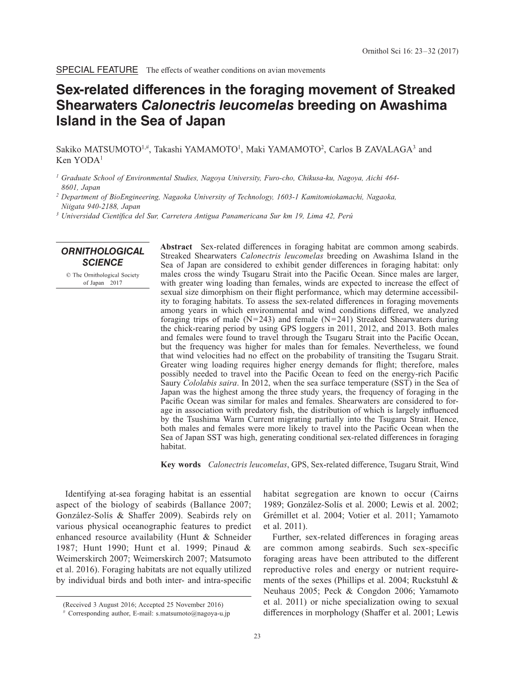 Sex-Related Differences in the Foraging Movement of Streaked Shearwaters Calonectris Leucomelas Breeding on Awashima Island in the Sea of Japan