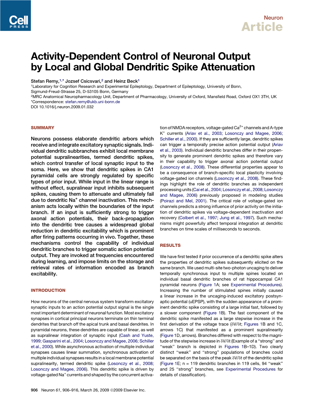 Activity-Dependent Control of Neuronal Output by Local and Global Dendritic Spike Attenuation