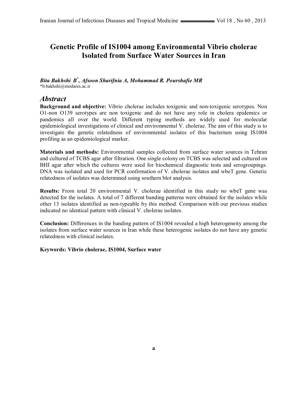 Genetic Profile of IS1004 Among Environmental Vibrio Cholerae Isolated from Surface Water Sources in Iran