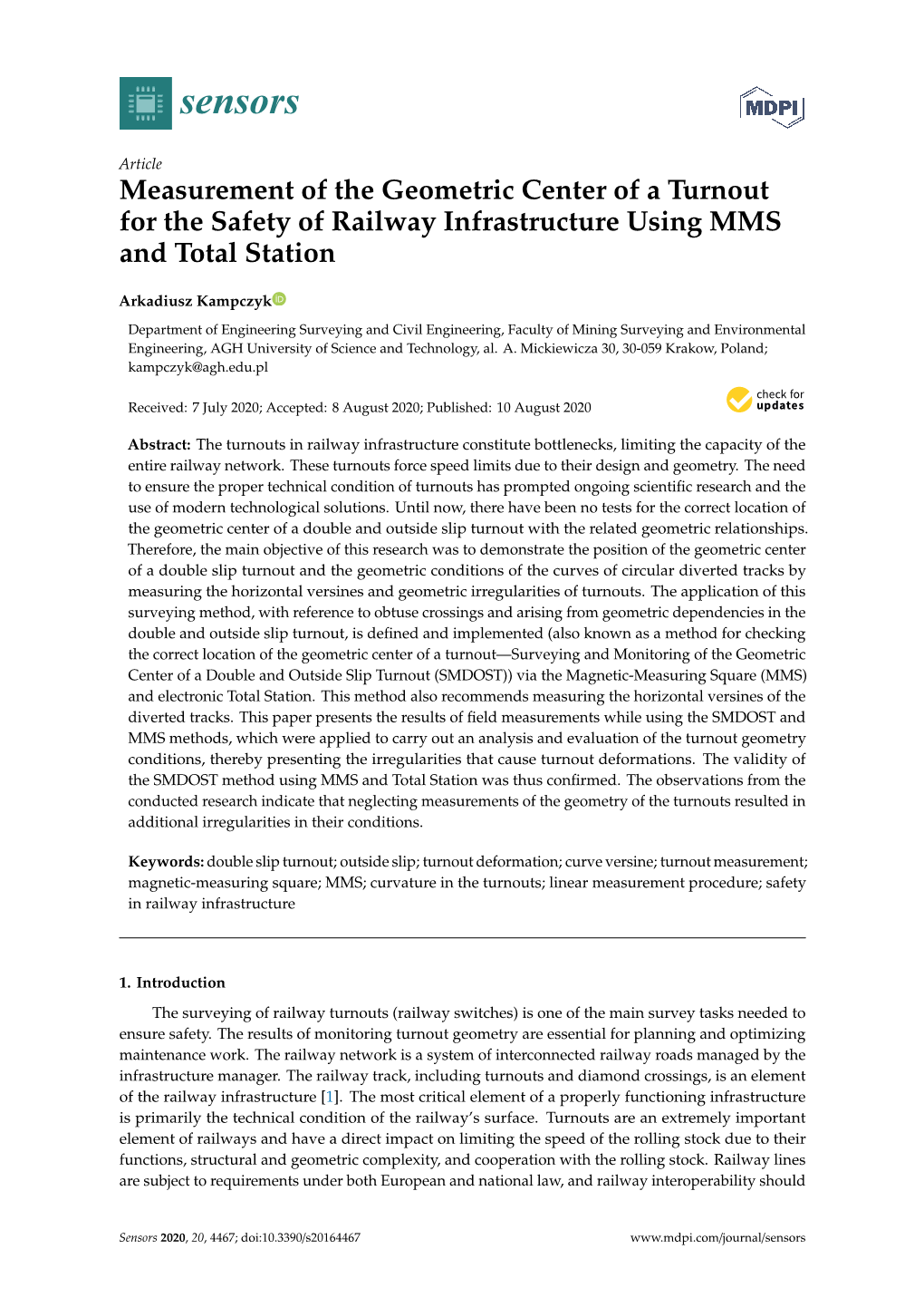 Measurement of the Geometric Center of a Turnout for the Safety of Railway Infrastructure Using MMS and Total Station