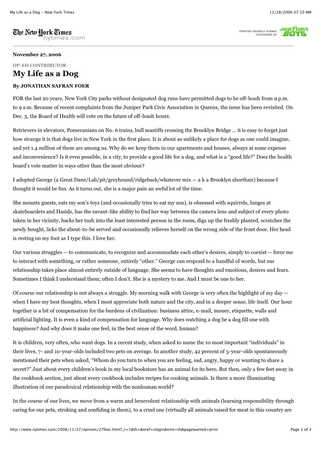 My Life As a Dog - New York Times 11/28/2006 07:10 AM